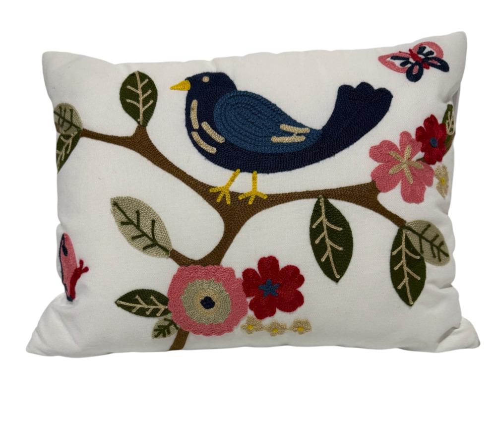 Folk Art Punch Needle Embroidered Throw Pillow Bird in Tree 17x12x5 Handmade